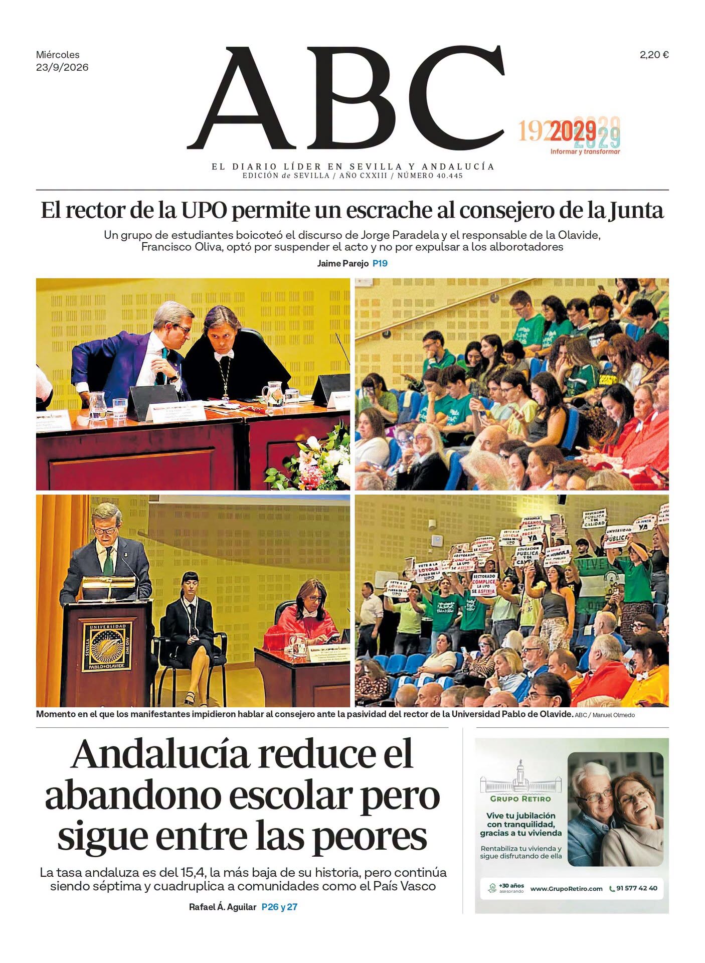 Estas são as páginas de destaque de hoje do ABC de Sévilla