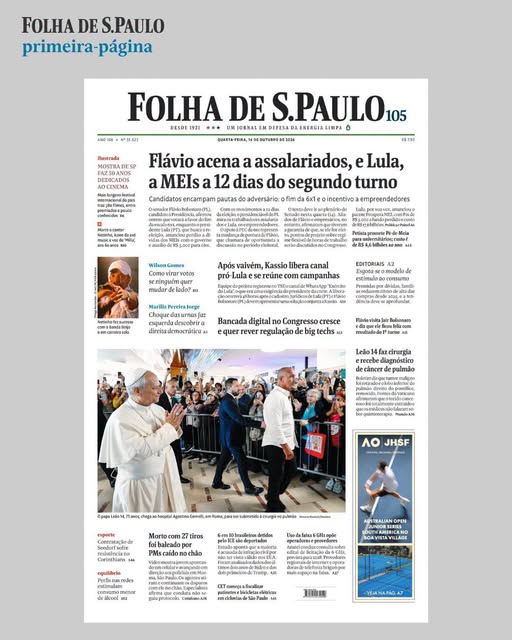 Veja a capa da #folha desta quarta-feira (14).