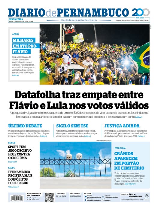 Veja a Primeira Página do Diario de Pernambuco desta sexta-feira, 23 de outubro.